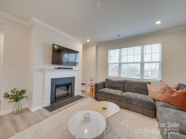 living room featuring hardwood / wood-style floors and ornamental molding