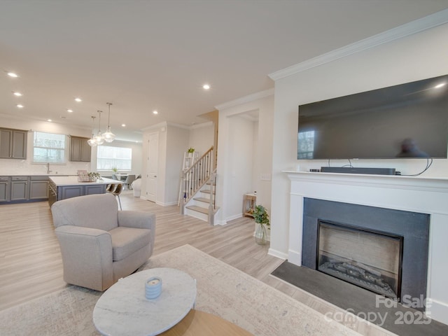 living room with crown molding and light hardwood / wood-style floors