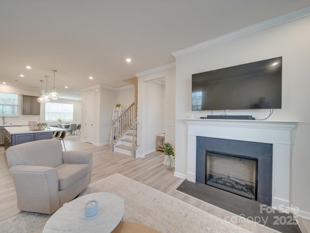 living room featuring crown molding and light wood-type flooring