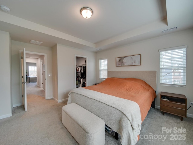 bedroom featuring a raised ceiling, a spacious closet, light carpet, and a closet