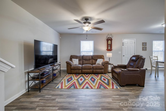 living room with hardwood / wood-style flooring and ceiling fan