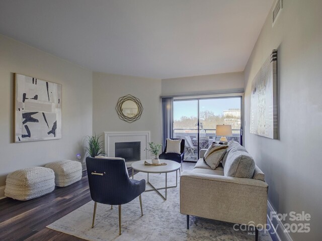 224 N Poplar St Unit 19, Charlotte, NC 28202 - living area featuring a glass covered fireplace and wood finished floors