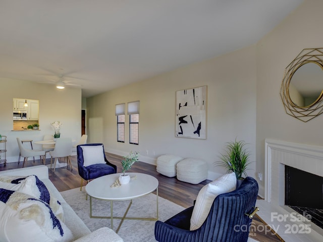 living room with ceiling fan, wood-type flooring, and a fireplace