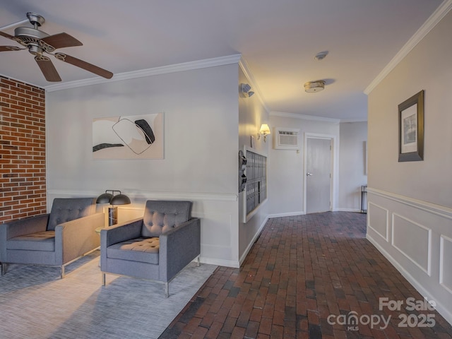 hall with a wall unit AC and crown molding