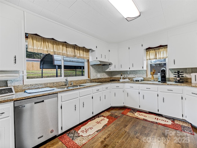 kitchen featuring white cabinetry, dishwasher, dark hardwood / wood-style floors, and sink