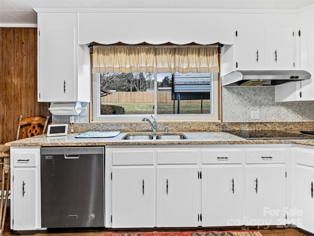 kitchen with dishwasher, sink, ornamental molding, black electric cooktop, and range hood