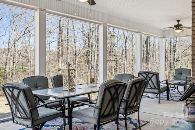 sunroom / solarium with ceiling fan and a healthy amount of sunlight