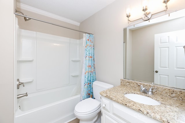 full bathroom featuring a textured ceiling, shower / bathtub combination with curtain, vanity, toilet, and ornamental molding