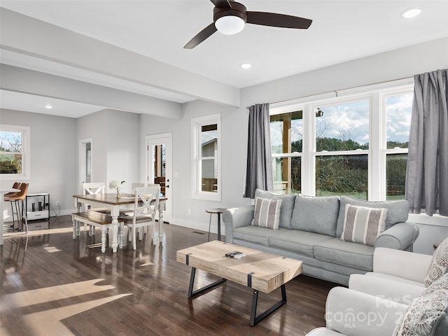 living room with dark hardwood / wood-style floors and ceiling fan