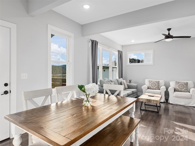 dining room with ceiling fan and dark wood-type flooring