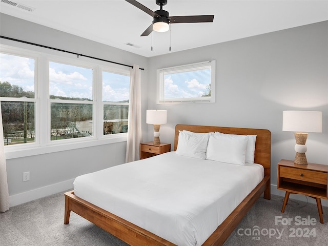 bedroom with carpet, ceiling fan, and multiple windows