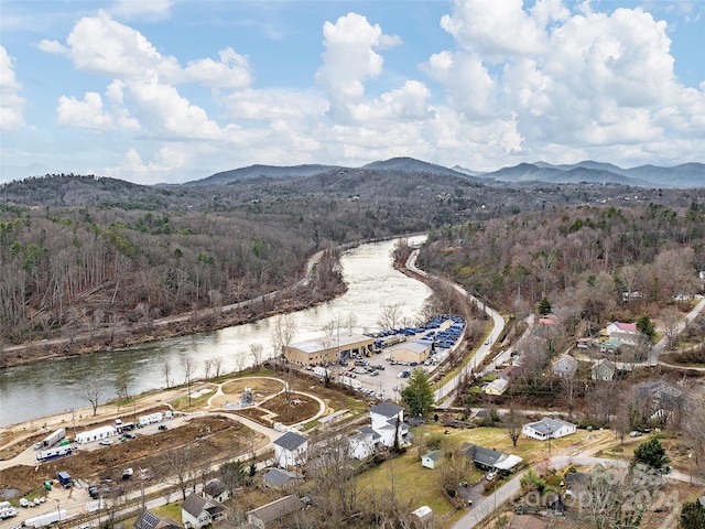 birds eye view of property with a water and mountain view