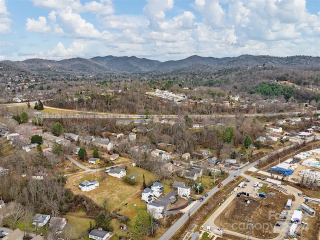 drone / aerial view featuring a mountain view