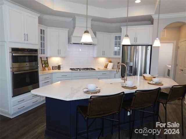 kitchen featuring white cabinets, appliances with stainless steel finishes, premium range hood, and an island with sink