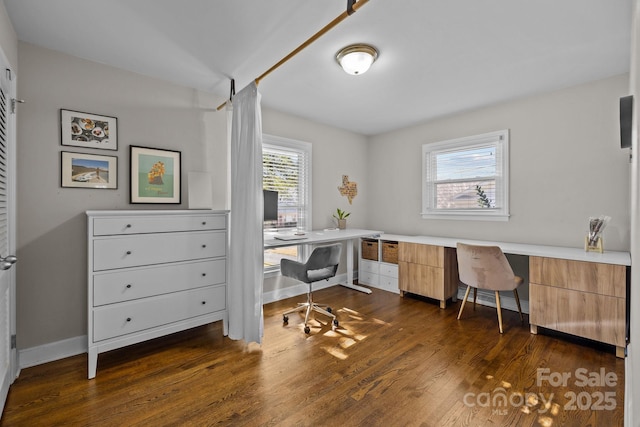 home office featuring built in desk and dark wood-type flooring