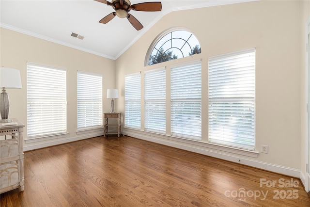 empty room featuring ceiling fan, plenty of natural light, and vaulted ceiling