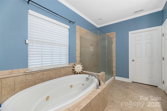 bathroom with tile patterned floors, crown molding, a wealth of natural light, and independent shower and bath