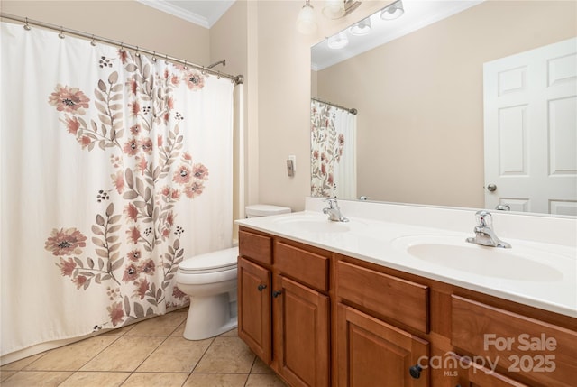 bathroom with crown molding, tile patterned flooring, vanity, and toilet