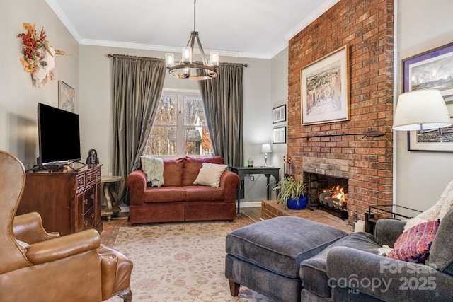 living room featuring a brick fireplace, crown molding, and a chandelier