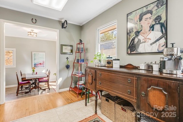 interior space featuring ornamental molding, light hardwood / wood-style flooring, and dark brown cabinetry