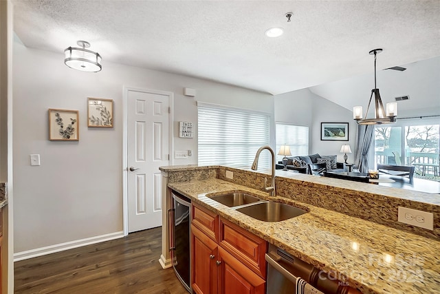 kitchen featuring sink, a wealth of natural light, vaulted ceiling, and dark wood-type flooring