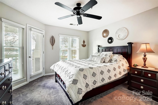 carpeted bedroom with access to exterior and ceiling fan