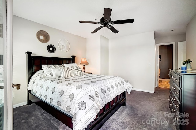 carpeted bedroom with ceiling fan