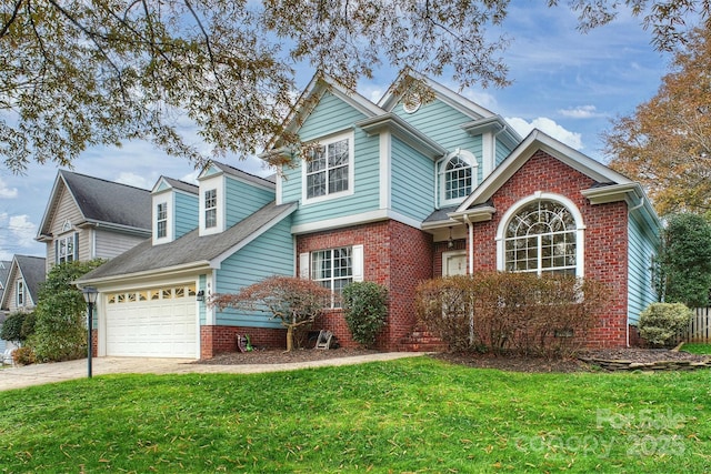 front facade featuring a garage and a front yard