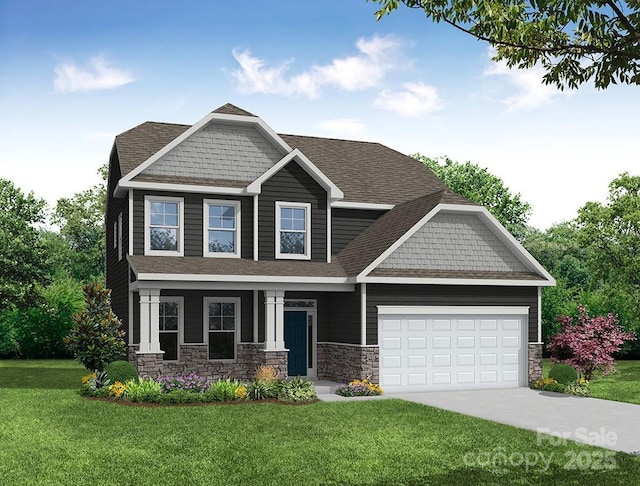 craftsman house featuring a garage and a front lawn