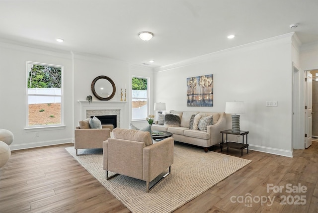 5230 Verona Rd Unit 80, Charlotte, NC 28213 - living room with ornamental molding, light wood-type flooring, baseboards, a fireplace, and recessed lighting
