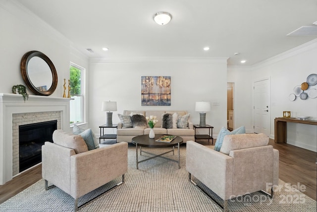 5230 Verona Rd Unit 80, Charlotte, NC 28213 - living area with ornamental molding, wood finished floors, a fireplace, recessed lighting, and baseboards