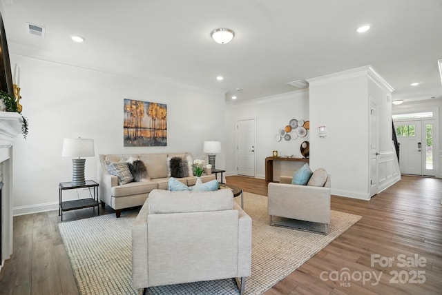 5230 Verona Rd Unit 80, Charlotte, NC 28213 - living room with ornamental molding, wood finished floors, baseboards, recessed lighting, and a premium fireplace