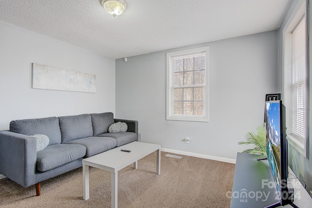 carpeted living room with a textured ceiling