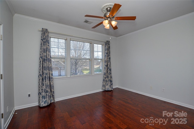 unfurnished room with crown molding, ceiling fan, and dark hardwood / wood-style floors