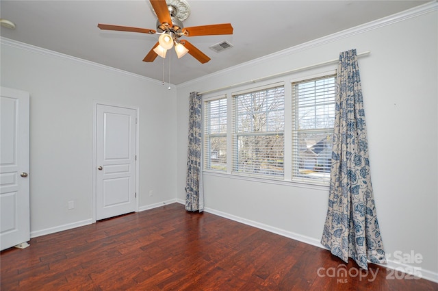 interior space featuring ceiling fan, ornamental molding, and dark hardwood / wood-style floors