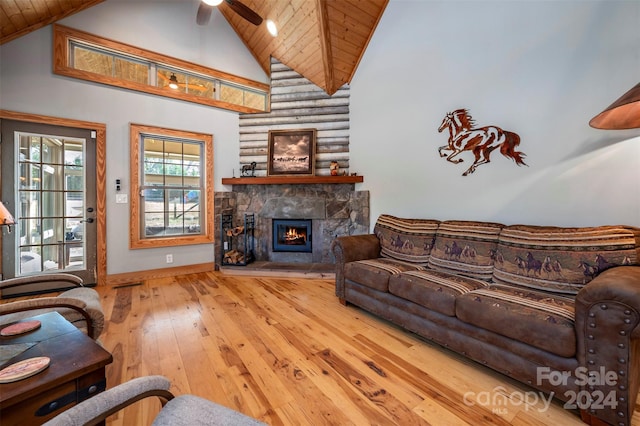 living room featuring ceiling fan, wooden ceiling, high vaulted ceiling, wood-type flooring, and a fireplace