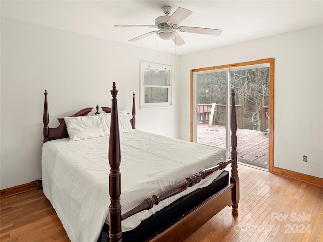 bedroom with access to outside, ceiling fan, and light hardwood / wood-style flooring