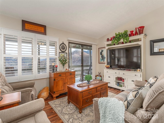 living room featuring hardwood / wood-style floors and vaulted ceiling