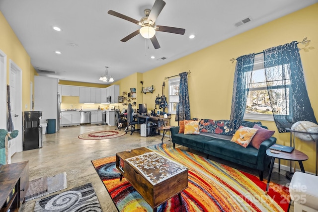 113 Burton St, Asheville, NC 28806 - living room featuring recessed lighting, visible vents, and ceiling fan with notable chandelier
