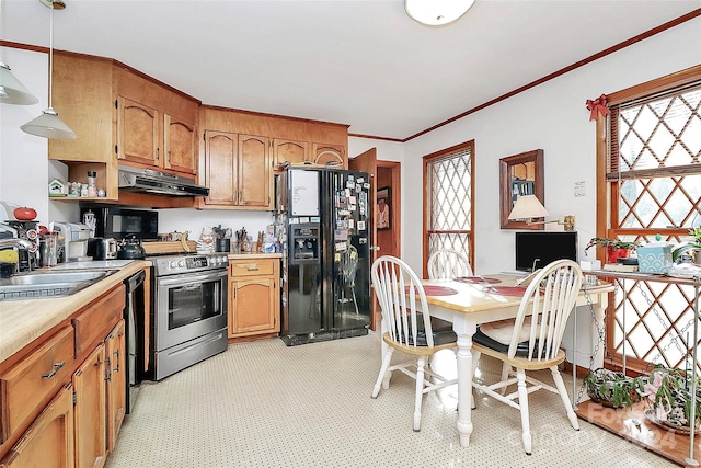 kitchen with black appliances, crown molding, sink, and hanging light fixtures