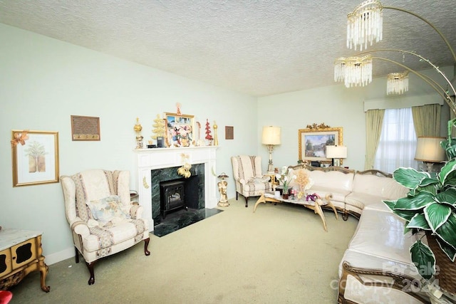 carpeted living room with a textured ceiling and an inviting chandelier