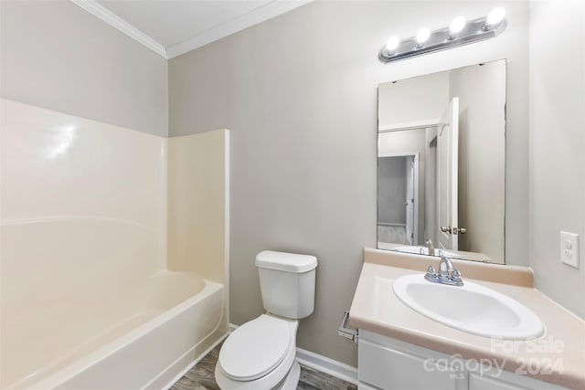 full bathroom featuring vanity, toilet, shower / tub combination, and crown molding