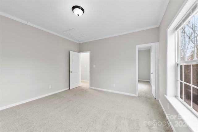 unfurnished room featuring light carpet and ornamental molding