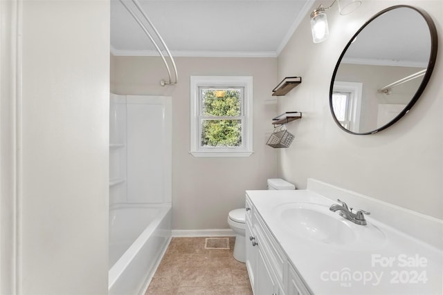 full bathroom with shower / bathing tub combination, vanity, ornamental molding, and toilet