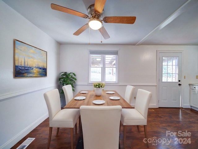 dining area with a wealth of natural light, dark wood-type flooring, and ceiling fan