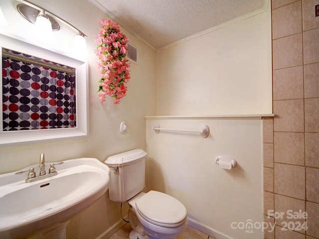 bathroom with toilet, sink, a textured ceiling, and ornamental molding