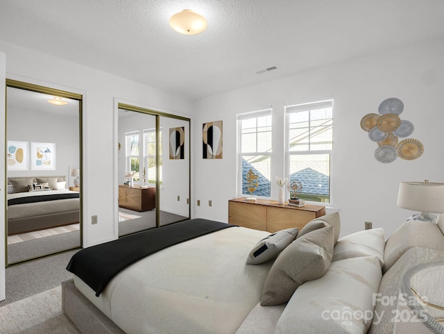 carpeted bedroom featuring a textured ceiling and multiple windows