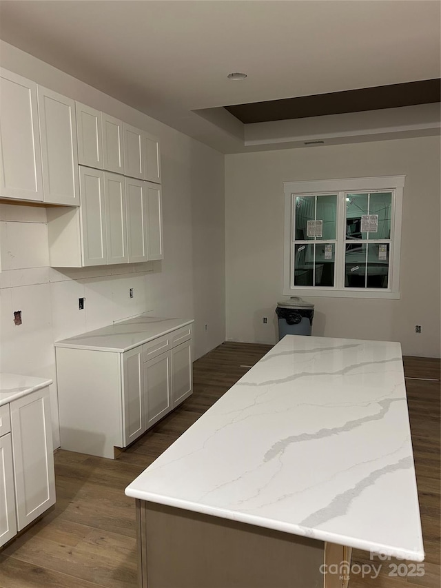 kitchen featuring dark wood-type flooring, light stone countertops, white cabinets, and a kitchen island