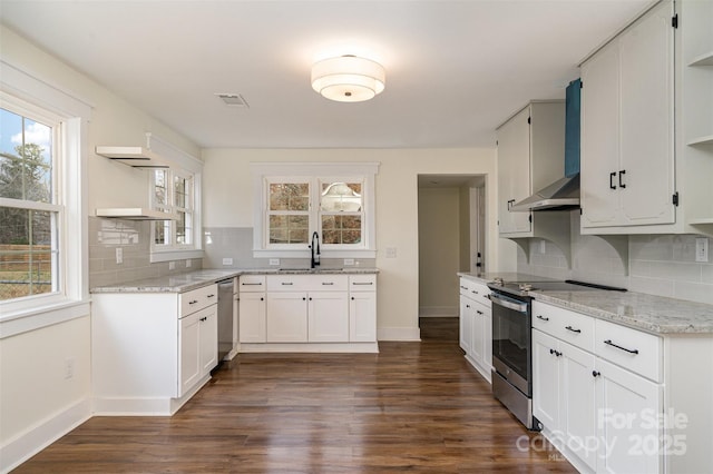 kitchen featuring stainless steel appliances, white cabinetry, sink, and wall chimney exhaust hood