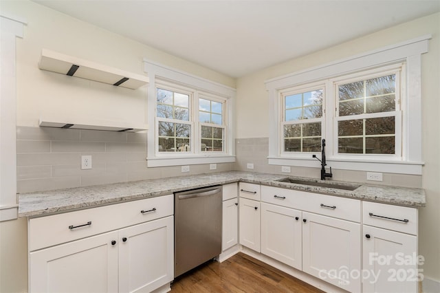 kitchen with white cabinetry, stainless steel dishwasher, sink, and backsplash